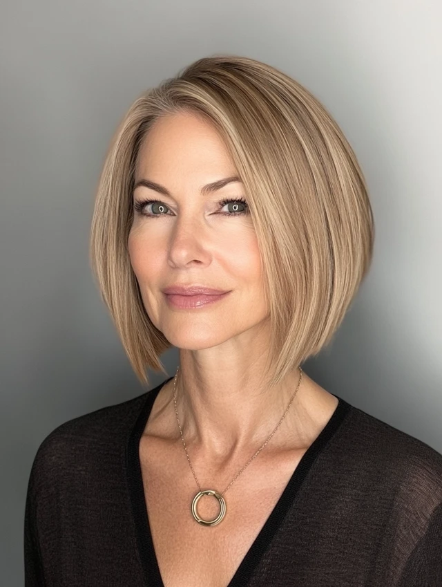 A woman over 40 with an A line bob hairstyle