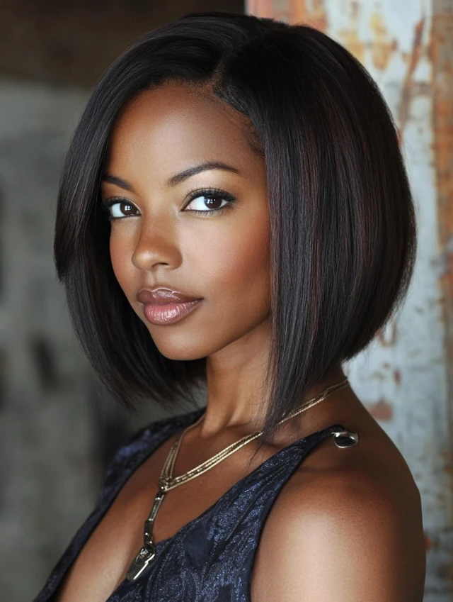 A woman over 40 with an angled bob hairstyle
