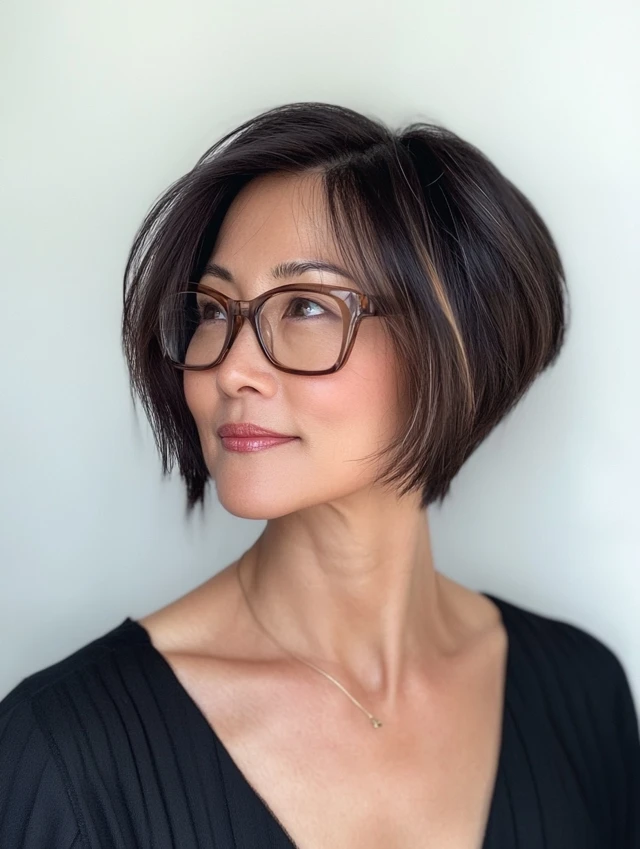 A woman over 40 wearing glasses with an asymmetrical bob with an undercut