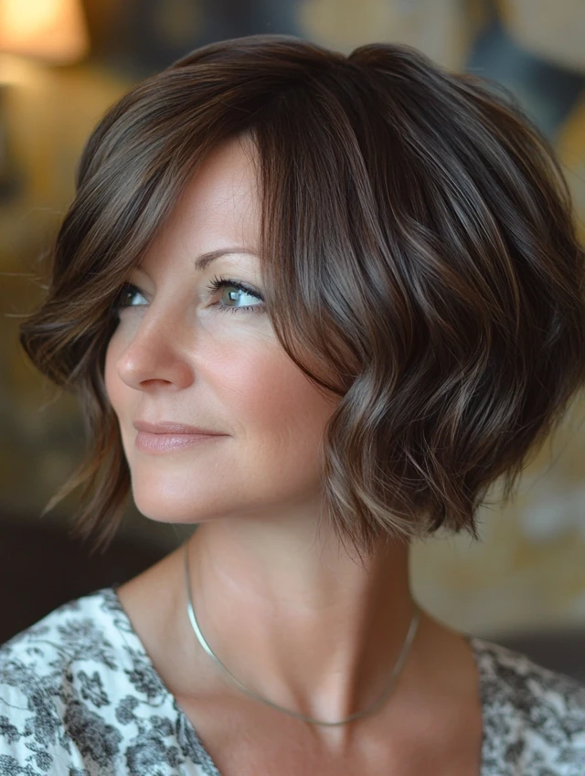 A woman over 40 with an asymmetrical bob hairstyle