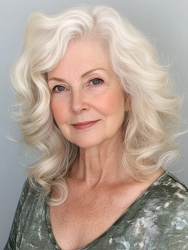 A woman over 60 with a beachy waves shag hairstyle