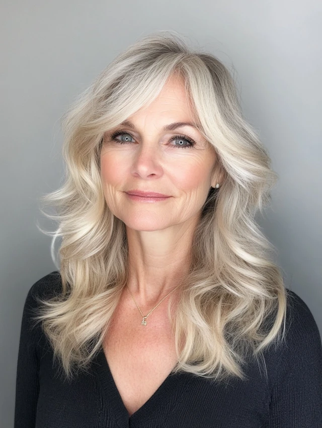 A woman over 60 with a blonde shag  with balayage hairstyle