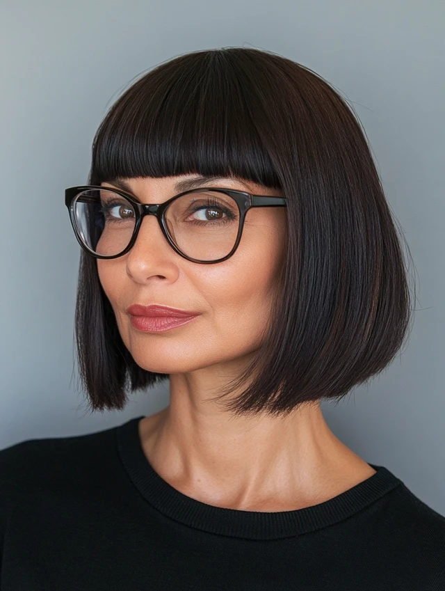 Blunt Bob with Blunt Bangs hairstyle on a woman over 40 also wearing glasses