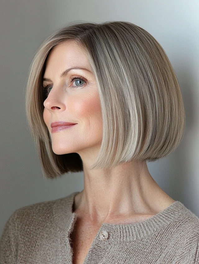 A woman over 40 with a blunt bob hairstyle