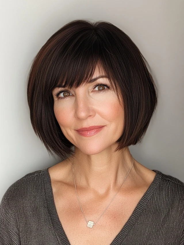 A woman over 40 with a bob with bangs hairstyle
