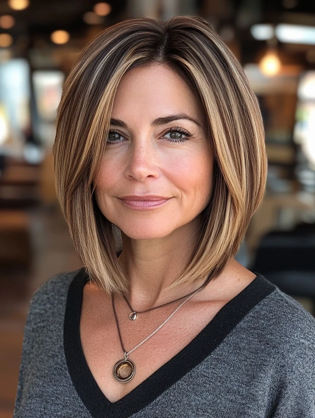 A woman over 40 with a bob with highlights hairstyle