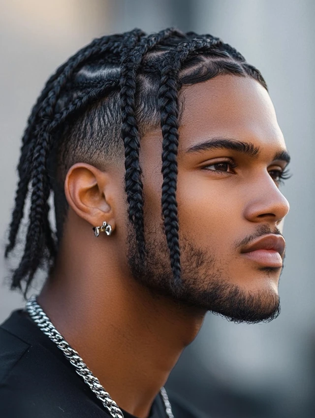A young black male with Box Braids with Low Fade
