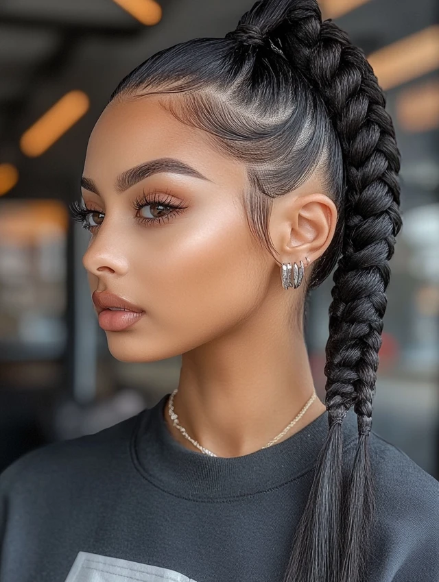 A woman wearing a braided high ponytail 