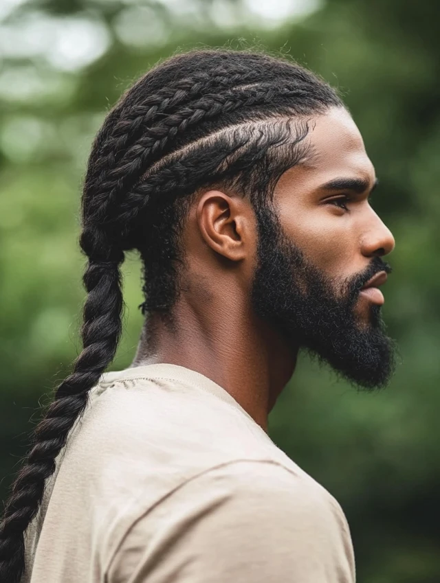 A long Braided Ponytail modeled by a young black male