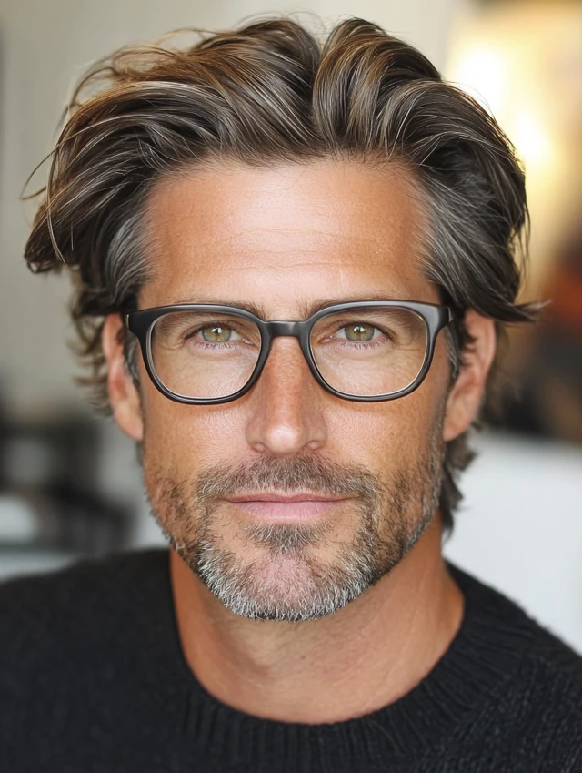 A man over 50 with glasses with a brush up hairstyle