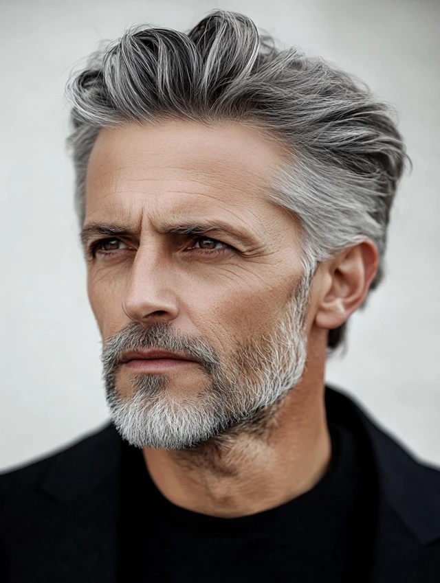 A man over 50 with thinning hair with a brushed back hairstyle