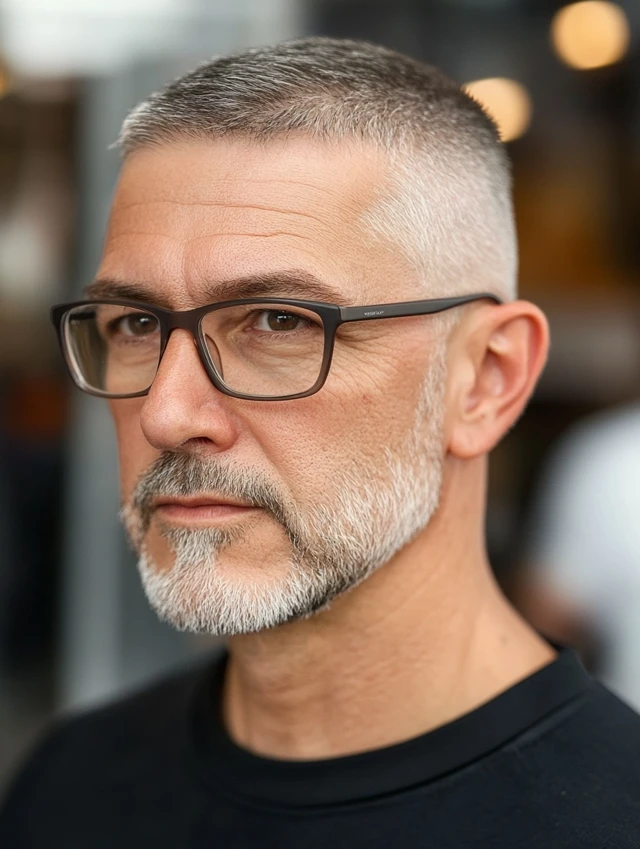 A man over 50 with glasses with a buzz cut