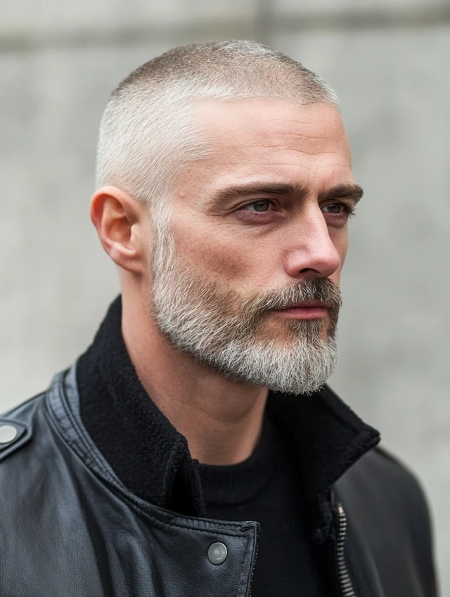 A man over 50 with thinning hair with a buzz cut