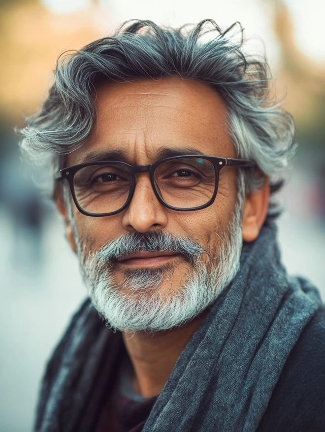 A man over 50 with glasses with casual messy hair