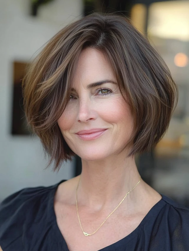 A woman over 40 with a chin length bob hairstyle