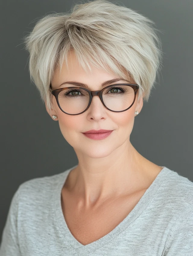 Mature lady with a Choppy Pixie with Soft Fringe hairstyle and wearing glasses