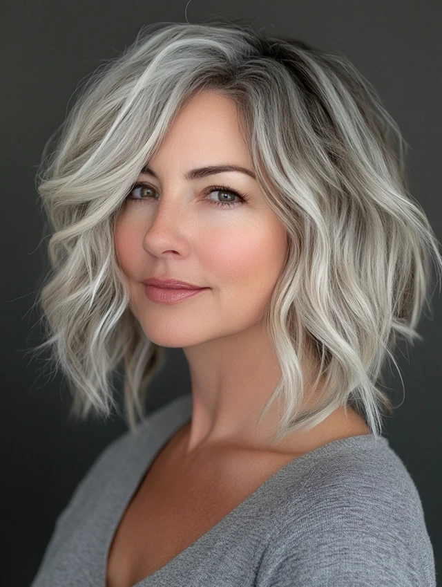 Woman over 40 with a gray choppy lob