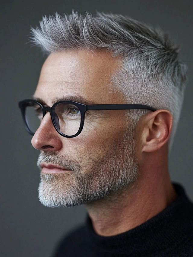 A man over 50 with glasses with a classic Caesar cut