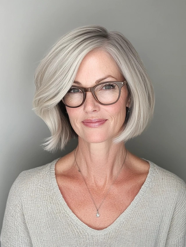 A woman over 40 and wearing glasses with a classic bob with modern twist hairstyle