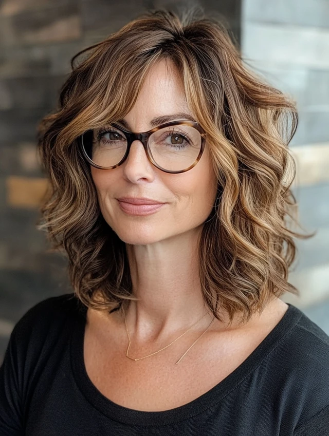 Older lady with Curled Ends on Shoulder-Length Hair and wearing glasses.