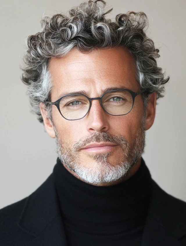 A man over 50 with a curly Ivy League hairstyle