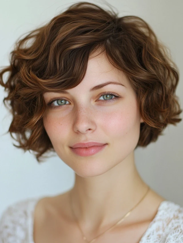 A woman with a curly angled bob
