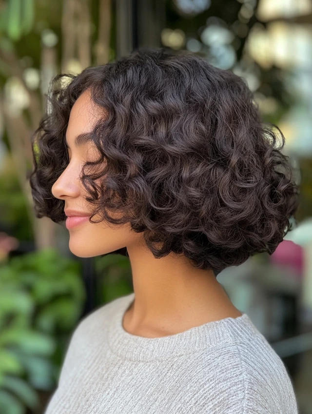 A woman with a curly blunt bob