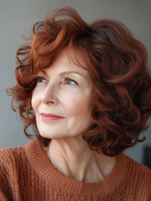 Curly bob with side bangs woman over 60