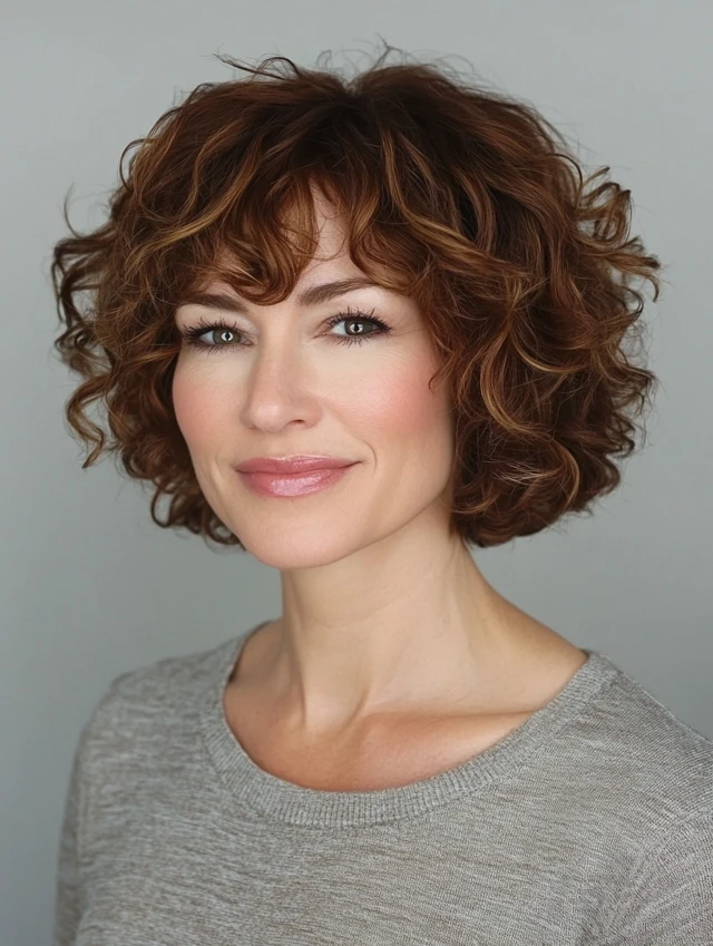 A woman over 40 with a curly bob hairstyle