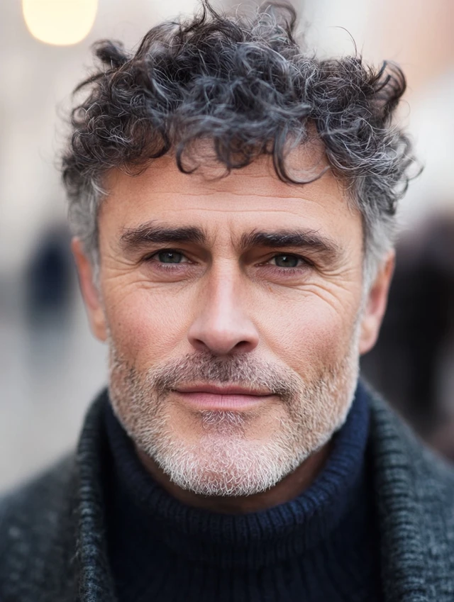 A man over 50 with a curly Caesar cut