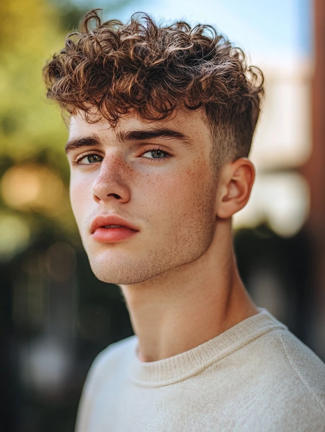 Curly crew cut modeled by a young guy