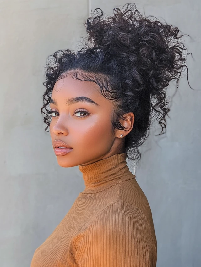 A woman with a curly high ponytail