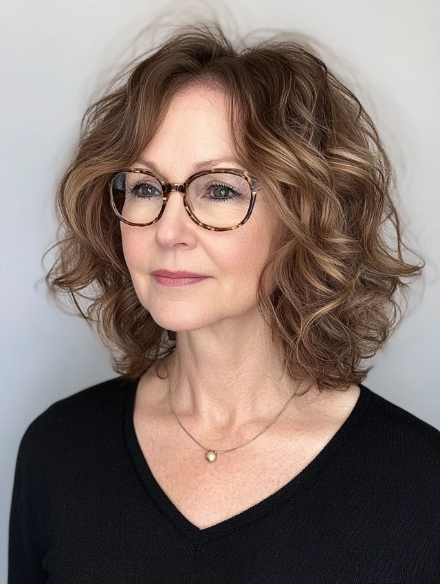 Woman over 40 with a curly lob with soft waves and wearing glasses