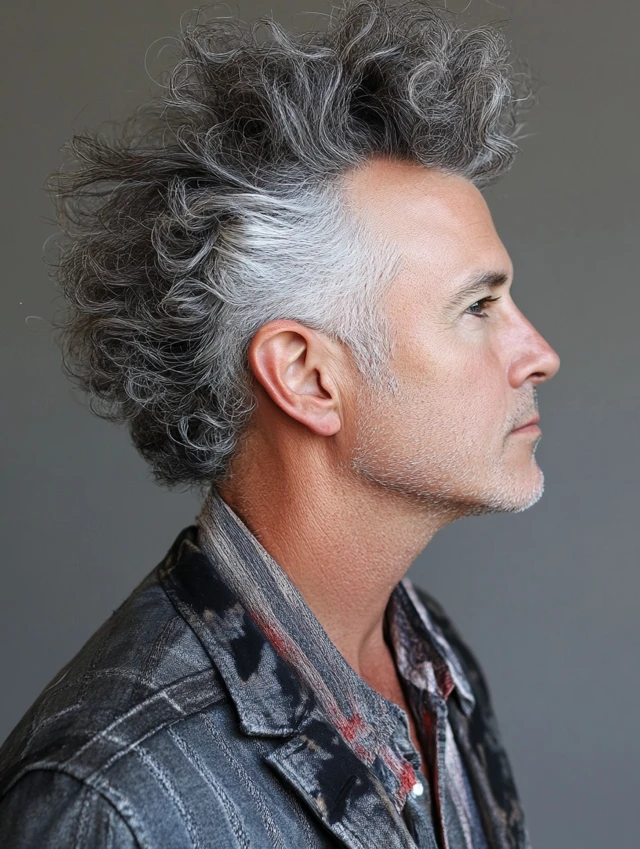 A man over 50 with a curly mohawk