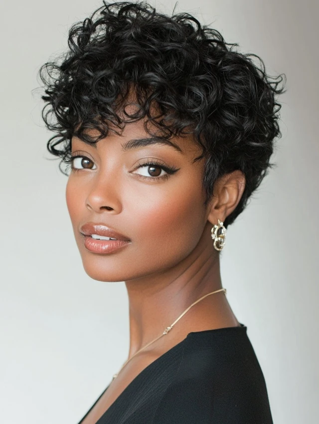 A young black woman with a curly pixie haircut