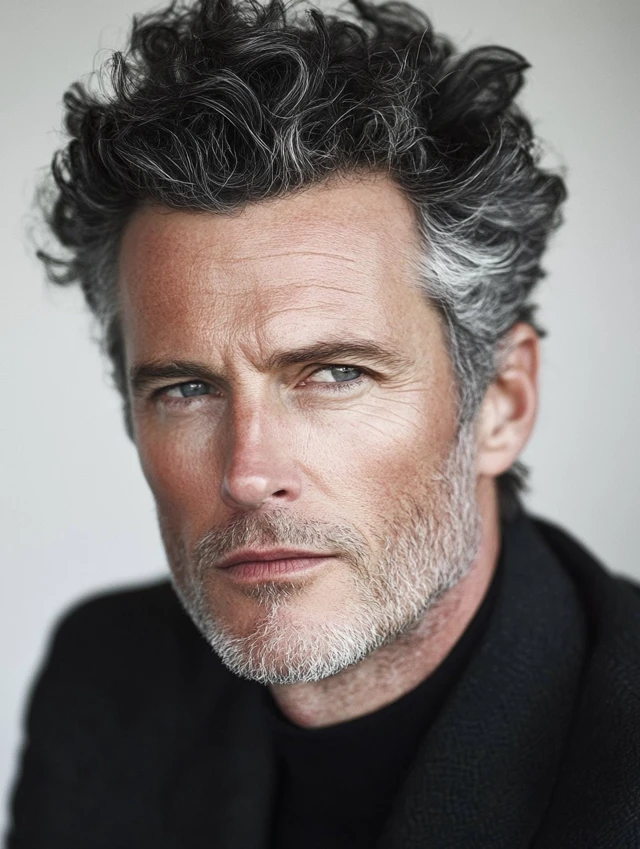 A man over 50 with a curly pompadour
