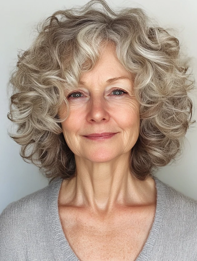 A woman over 60 with a curly shag bob hairstyle