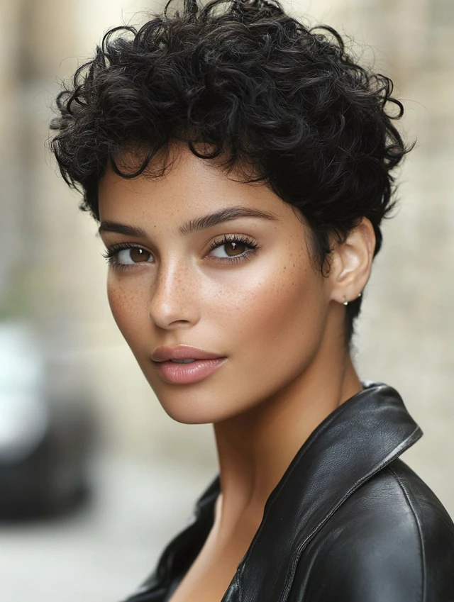 A woman with a curly taper haircut