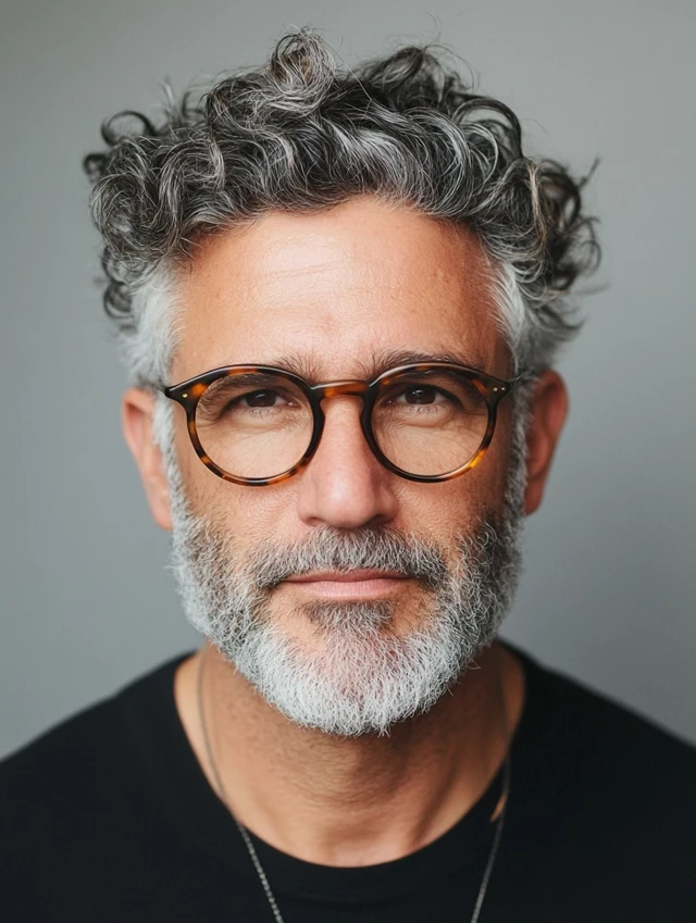 A man over 50 with glasses with a curly top fade