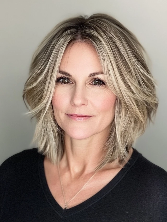 A woman over 40 with a feathered bob hairstyle
