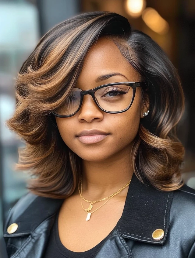 A woman over 40 with feathered layers and a side part and wearing glasses