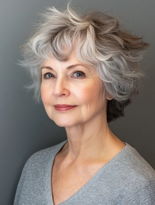 A woman over 60 with a feathered shag cut