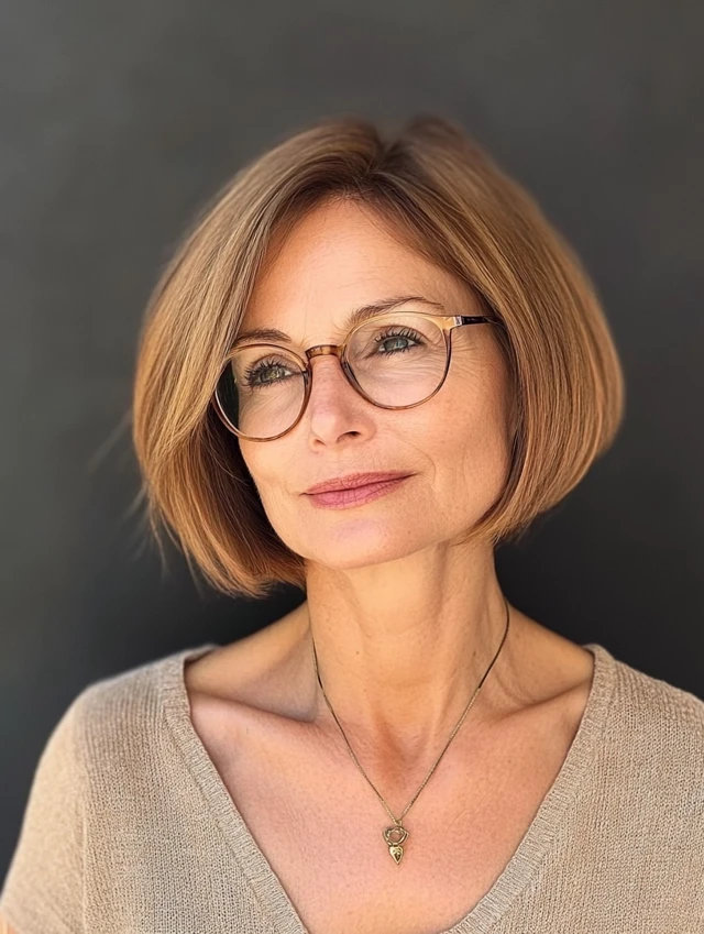 French Bob with Chin-Length Cut on a woman over 40 who is also wearing glasses