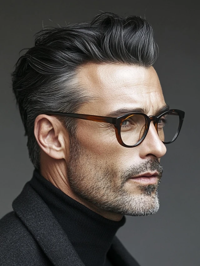 A man over 50 with glasses with a Gentleman's slick cut