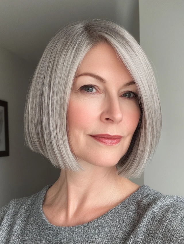 Woman over 40 with a gray blunt bob cut 