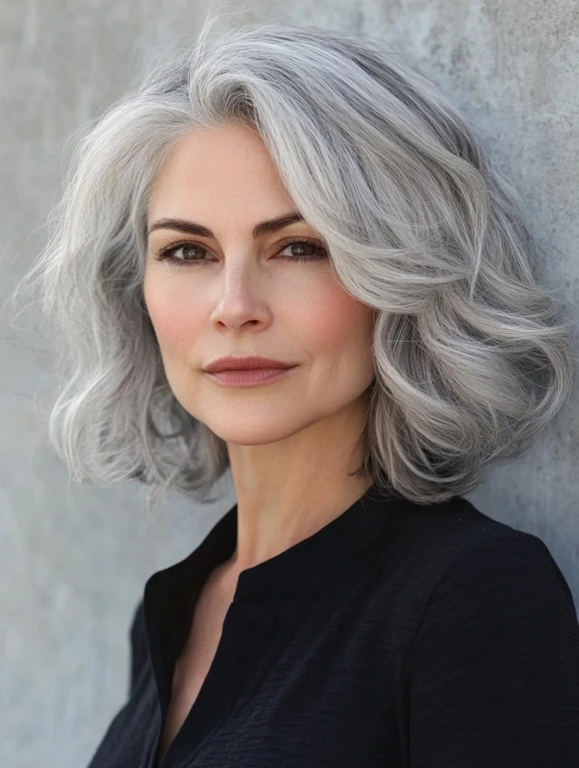 Woman over 40 with gray bob with layers