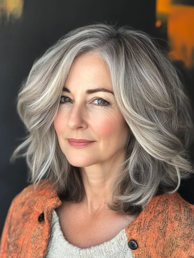 Woman over 40 with gray bob with underlights
