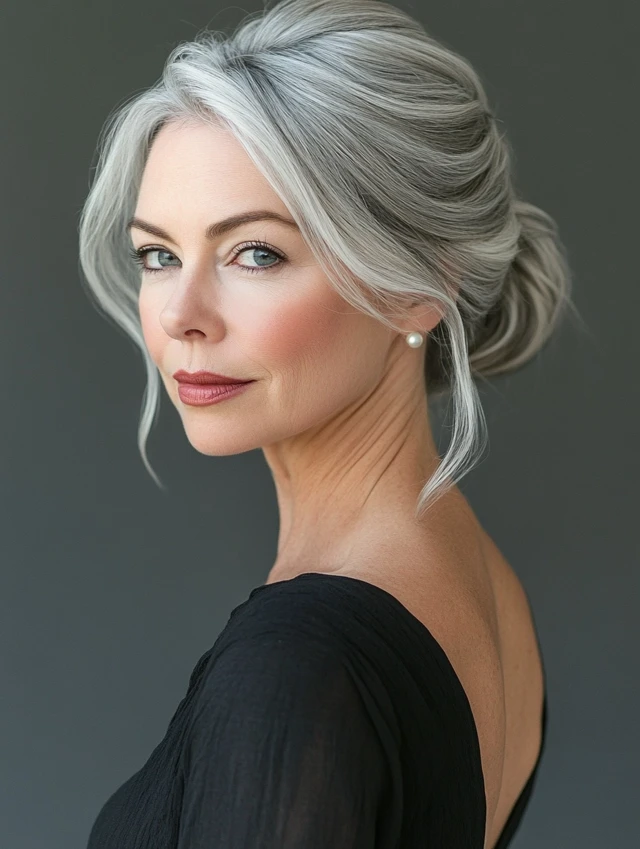 Lady over 40 with gray chignon hairstyle