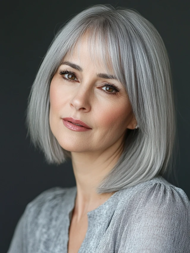 Mature woman with gray classic bob with fringe