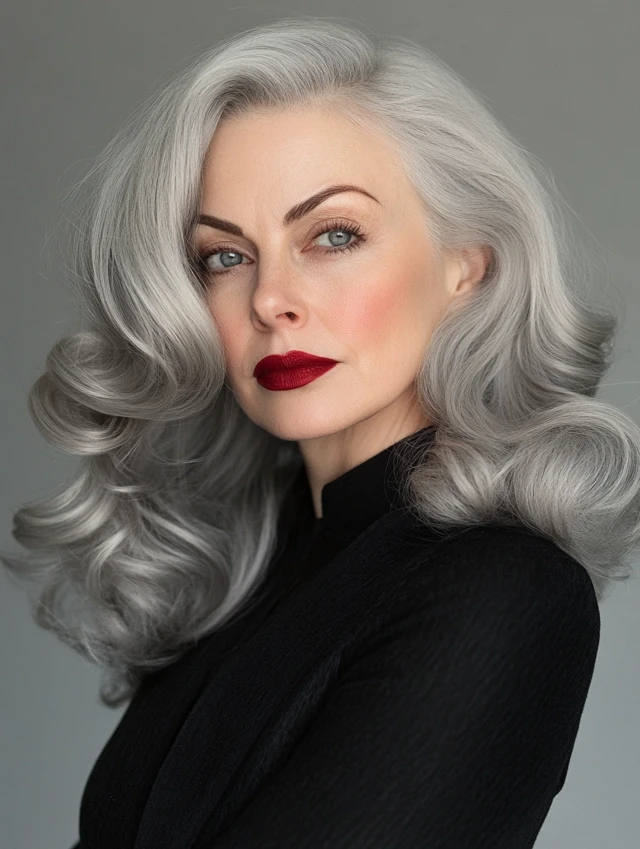 Woman over 40 with gray classic hollywood waves